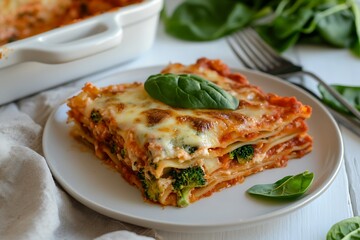 Baked Lasagna with Broccoli and Basil Leaf on White Plate, Italian Meal