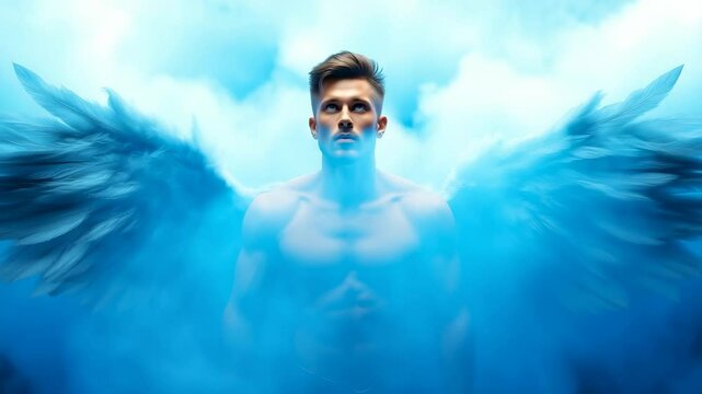 Muscular man with large ethereal wings emerging from blue smoke, head bowed, powerful supernatural transformation scene.