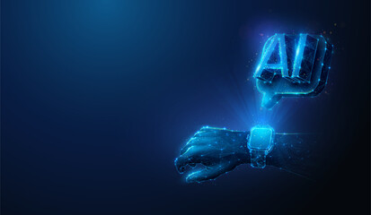 Lowpoly Smart Watch With AI Reply Message. Abstract vector illustration on futuristic wearable hardware equipped with artificial intelligence technology concept by wireframe mesh on blue background