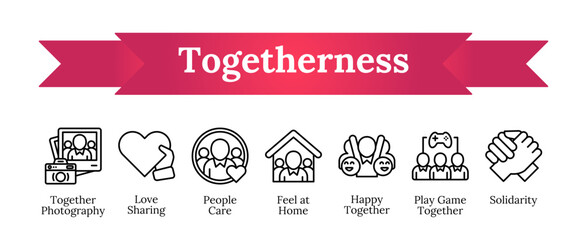 Togetherness - Photography, love sharing, people care, feel at home, happy together, play game together, solidarity vector icon sheet collection line