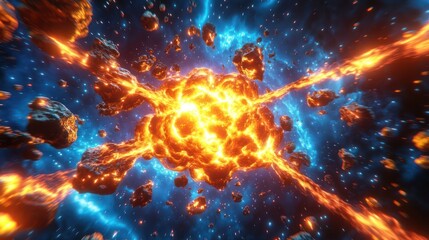 A vibrant explosion in space, showcasing fiery elements and cosmic debris.