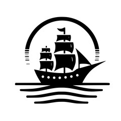 Classic Sailing Ship Graphic Silhouette with Waves and Arc Icon