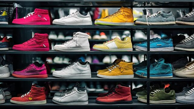 Colorful sneaker display on store shelves.  Various styles and vibrant colors