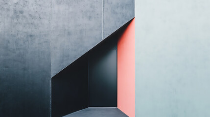 Minimalist architectural detail with geometric shapes, featuring dark door under diagonal shadow and vibrant coral wall, creating striking modern contrast