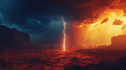 Epic clash of natural forces captured in stunning detail. A powerful lightning bolt strikes the earth against a backdrop of fiery skies and dark clouds. Generative AI