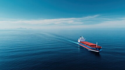 Naklejka premium Cargo Ship Navigating Calm Seas under a Clear Blue Sky
