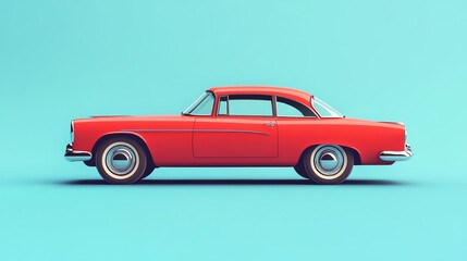 Fototapeta premium Classic red vintage car isolated on a light blue background, shown in a clean side profile.