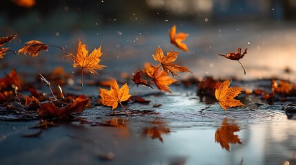 Falling autumn leaves reflecting in puddle