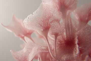 Delicate, translucent pink floral structures Close-up view of intricate, lace-like petals Soft, ethereal light highlights delicate texture