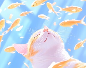 Obraz premium A serene orange tabby kitten gazes upward, surrounded by playful goldfish and falling petals in a dreamy, light-blue setting
