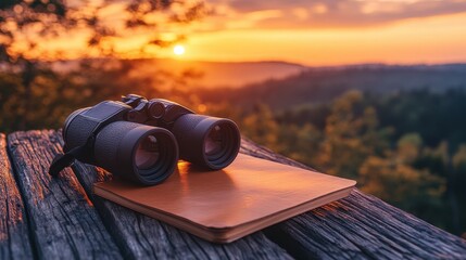 Binoculars and journal on rustic table at sunset over forested hills