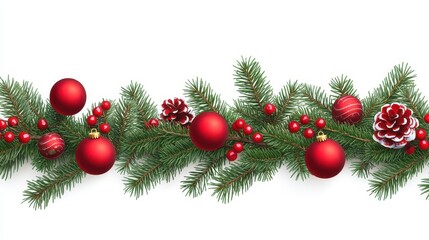 Festive christmas garland with red ornaments and pine cones on evergreen branches