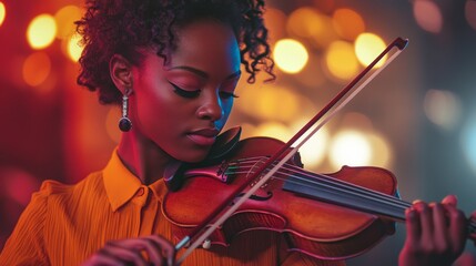 Fototapeta premium A musician captivates audiences with her violin performance. The glow of warm lights sets a vibrant atmosphere. Embrace the art of music. Generative AI