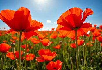 Vibrant poppy field bathed in sunlight, showcasing red, orange, and green hues against a bright blue sky, bright, flora