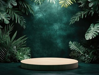 Wooden platform surrounded by tropical foliage in a dark, moody setting.