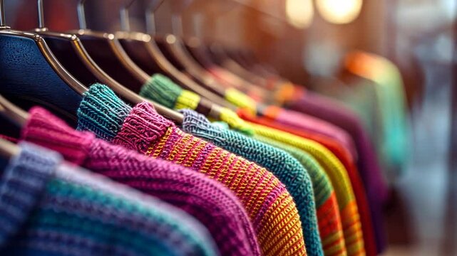 Colorful sweaters on hangers in a store