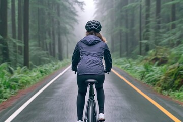 Cyclist in a misty forest, riding a bike down a long, straight road