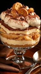 Tiramisu Dessert in Glass Dish with Chocolate Topping