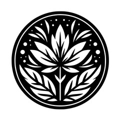 Minimalist Black and White Circle Emblem with Stylized Cannabis Leaf and Abstract Botanical Elements