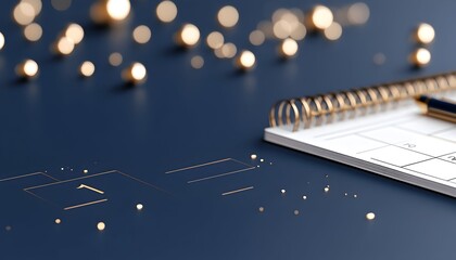 Elegant gold-detailed planner with pen rests on a dark background, bokeh lights