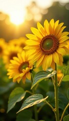 Fototapeta premium Sun-drenched sunflowers, rich color palette, close-up view, summer, shadow