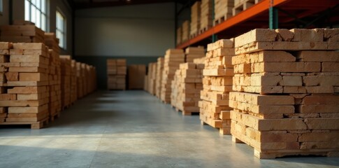 Stacked pine planks, rough texture, warehouse setting, clean, rustic