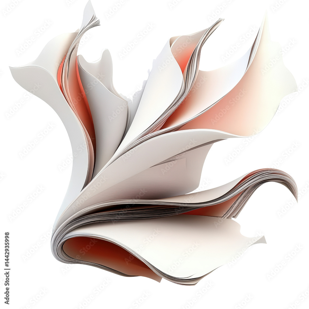 Poster artistic open book with flowing pages in soft white and peach tones creating a dynamic composition w