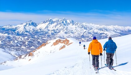 Skiers ascend a snow-covered mountain ridge, enjoying a breathtaking panoramic view of a majestic snow-capped mountain range under a vibrant blue sky
