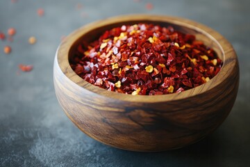 Dried red pepper flakes in wooden bowl