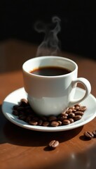 Fototapeta premium Steaming black coffee in pristine white cup, coffee beans scattered nearby reflecting in a plate , hot, beverage, drink
