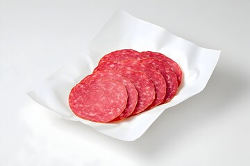 Thinly sliced, pinkish-red cured sausage on white paper