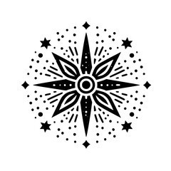Distressed Black and White Compass Star Symbol Graphic with Circular Dot Pattern