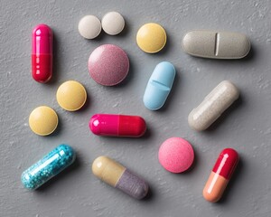 various colorful pills and tablets arranged on grey background for international nurses day