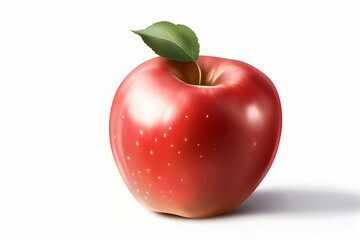 A vibrant, glossy red apple with a single green leaf sits on a white background, showcasing its juicy texture and freshness.  Perfect for healthy eating, food blogs, or product packaging.