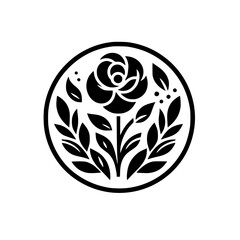 Elegant Minimalist Stylized Rose in Circle - Black and White Botanical Graphic Emblem