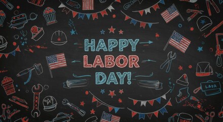 Labor Day Chalkboard Celebration: American Flags, Tools & Bunting Design