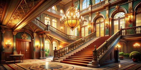 Obraz premium Grand Hallway Staircase Chandelier Luxury Interior
