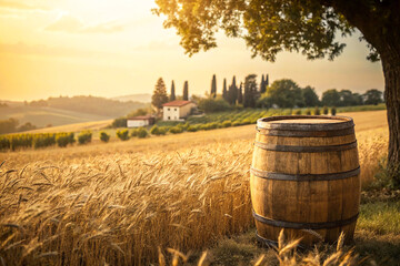 Obraz premium A peaceful countryside wheat field bathed in golden hour sunlight, with tall golden stalks swaying gently under a warm sky. The soft glow enhances the natural beauty, creating a serene and timeless ru