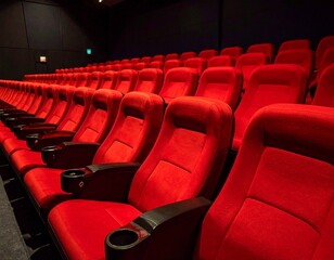 Fototapeta premium Row of red seats in theather or cinema, dark room background.