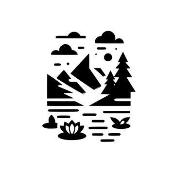 recommend clip art: Serene Minimalist Nature Landscape Illustration: Mountains, Lake, Pine Trees, and Lotus in Black and White Silhouette Style