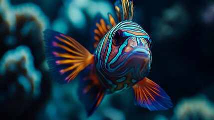 A colorful patterned mandarin fish, underwater photography, close-up of the head and body with clear details .