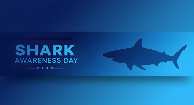 Shark awareness day banner featuring shark silhouette swimming in blue ocean