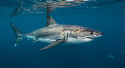 Great white shark swimming calmly in blue ocean for shark awareness day
