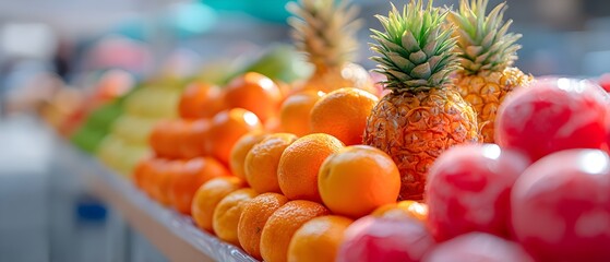 A table full of fruit including oranges and pineapples
