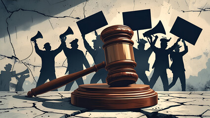 judge's gavel with blurred crowd of protesters holding signs in the background, symbolizing justice and civil unrest. Protes for Social Justice, human rights, fight for freedom