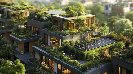 Obraz premium Urban green architecture with solar power integration creates sustainable living environment
