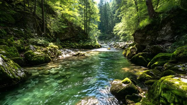 苔むした岩と透明な水が流れる森林の渓流と木々に囲まれた静かな谷間