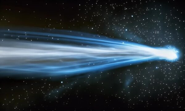 Comet with bright blue tail in space.