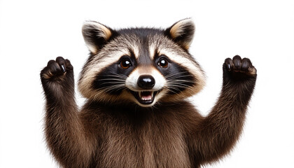 Celebratory Raccoon with Raised Paws Isolated on White Background, Wildlife Animal Portrait, Playful Mammal Gesture