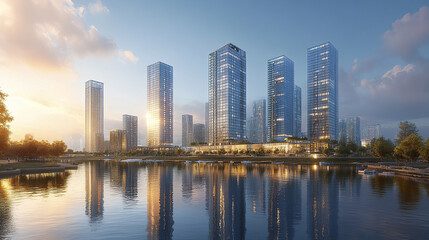 Obraz premium Modern urban high rise buildings reflect in serene lake at sunset, creating tranquil atmosphere